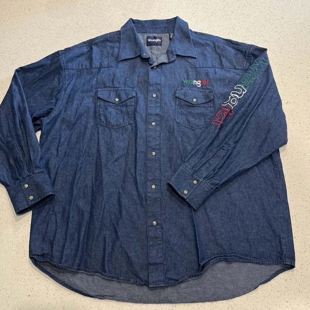Wrangler Men's Long Sleeve Button Front Western Denim Spellout Shirt Size XXL